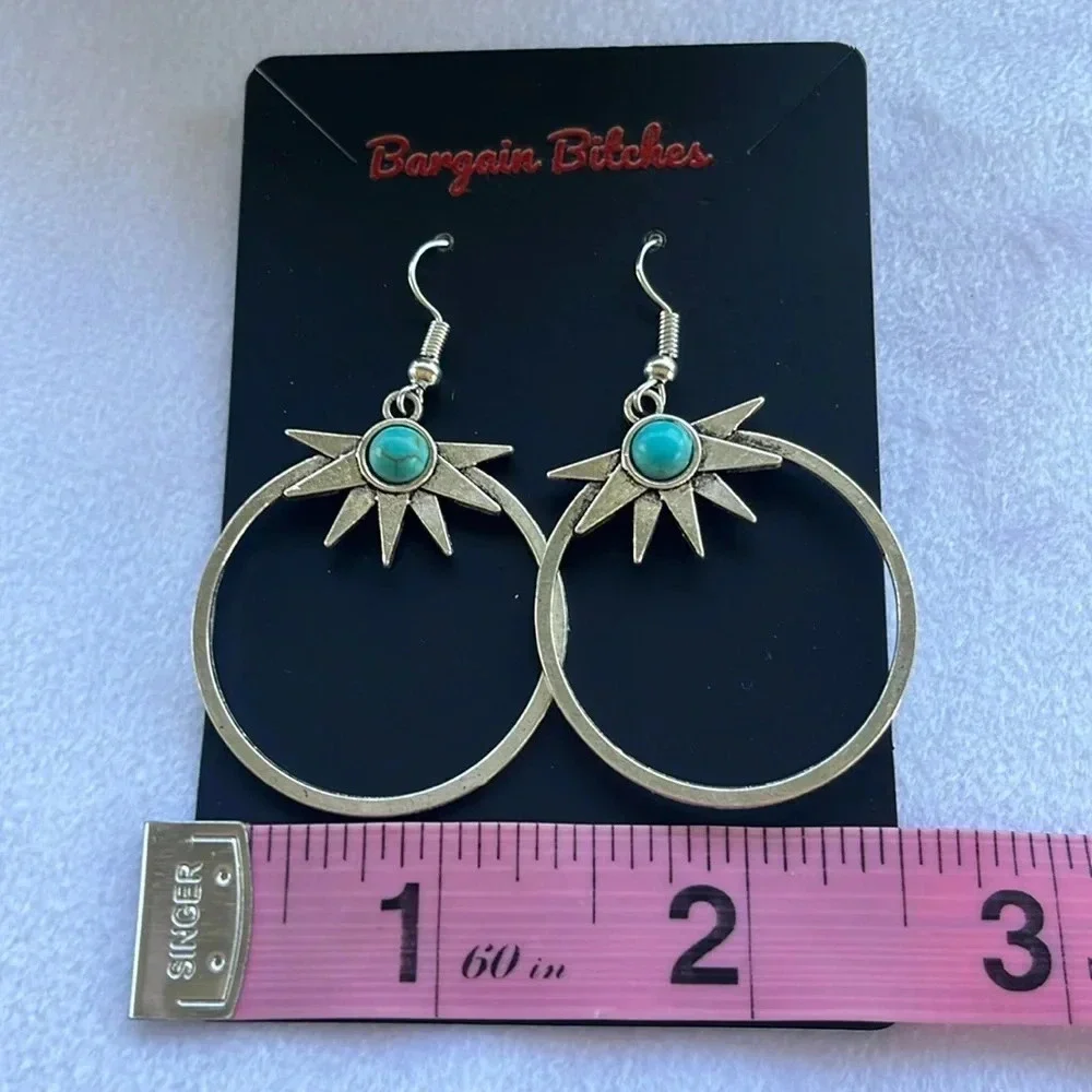 New earrings bohemian spike earrings silver tone‎ faux turquoise earrings
